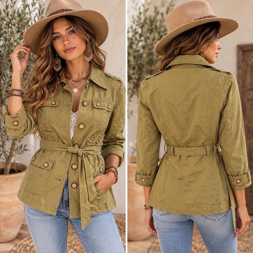 Sundance XS Linen Cotton Safari Jacket Olive Green Belted Military Utility Boho